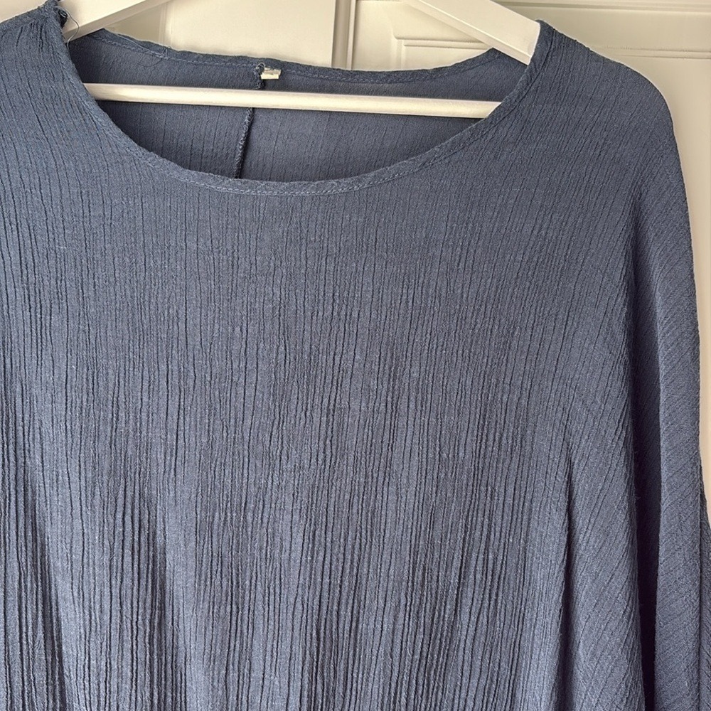 Tie Front Gauze Blouse Large Navy Blue Long Sleeve Dolman Top - Picture 3 of 6